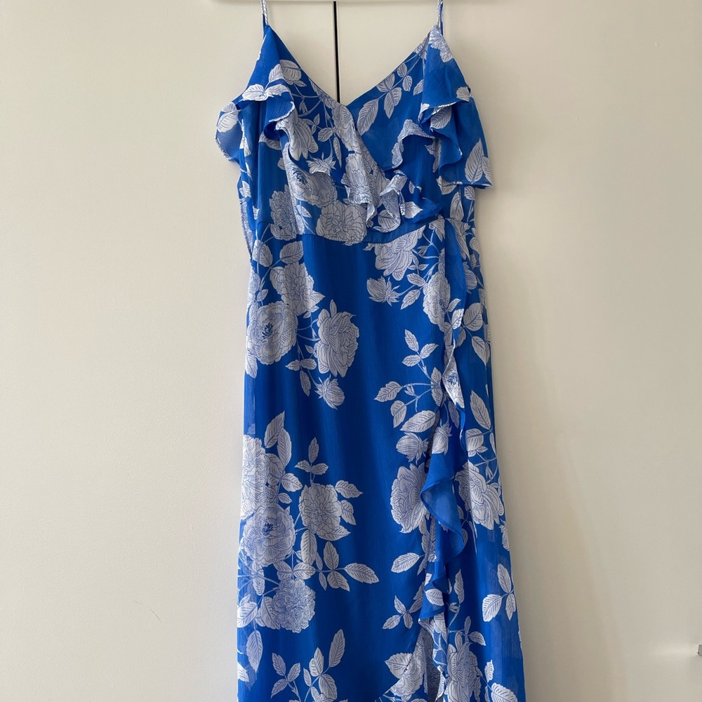 London Times Maxi Blue floral dress with peek-a-boo shoulders